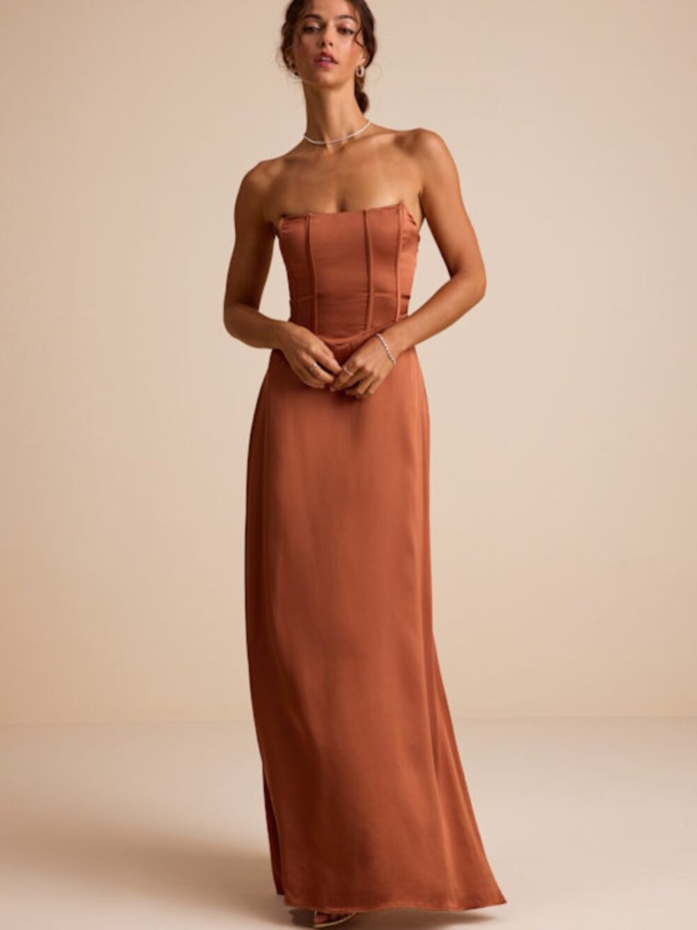 Lulus Extraordinary Presence Rust Brown Satin Strapless Maxi Dress - Size M